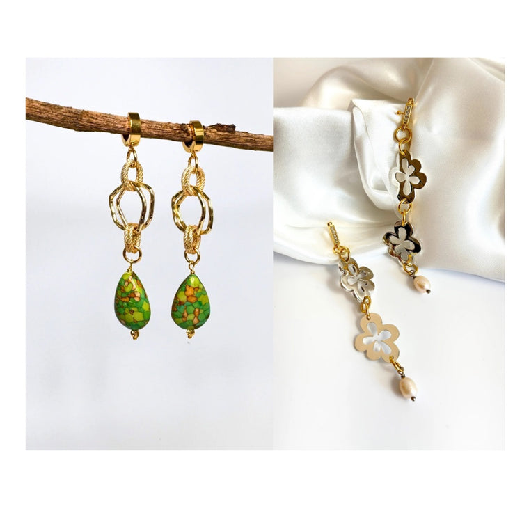 Örhängen med ringar kedja och sötvattenspärla i limited edition, handgjorda i Sverige av designern Susanne Brandeby