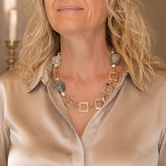 Exklusive Raw Beauty Halsband - Labradorit Bergkristall silver guld