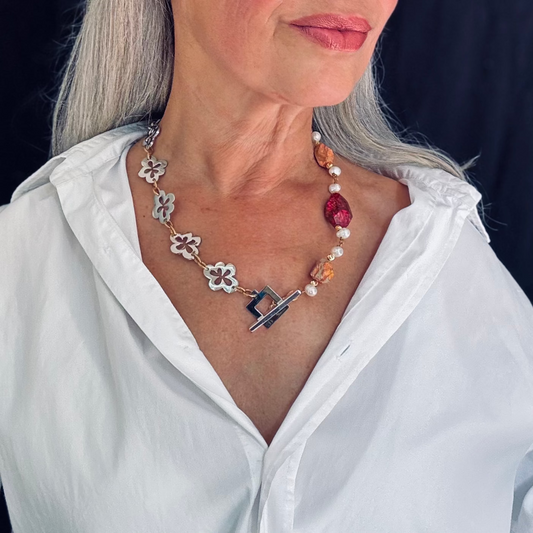 Halsband Silver 18K Guld - Imperial Jasper Pärlor - 50cm - Röd Orange -design by brandeby