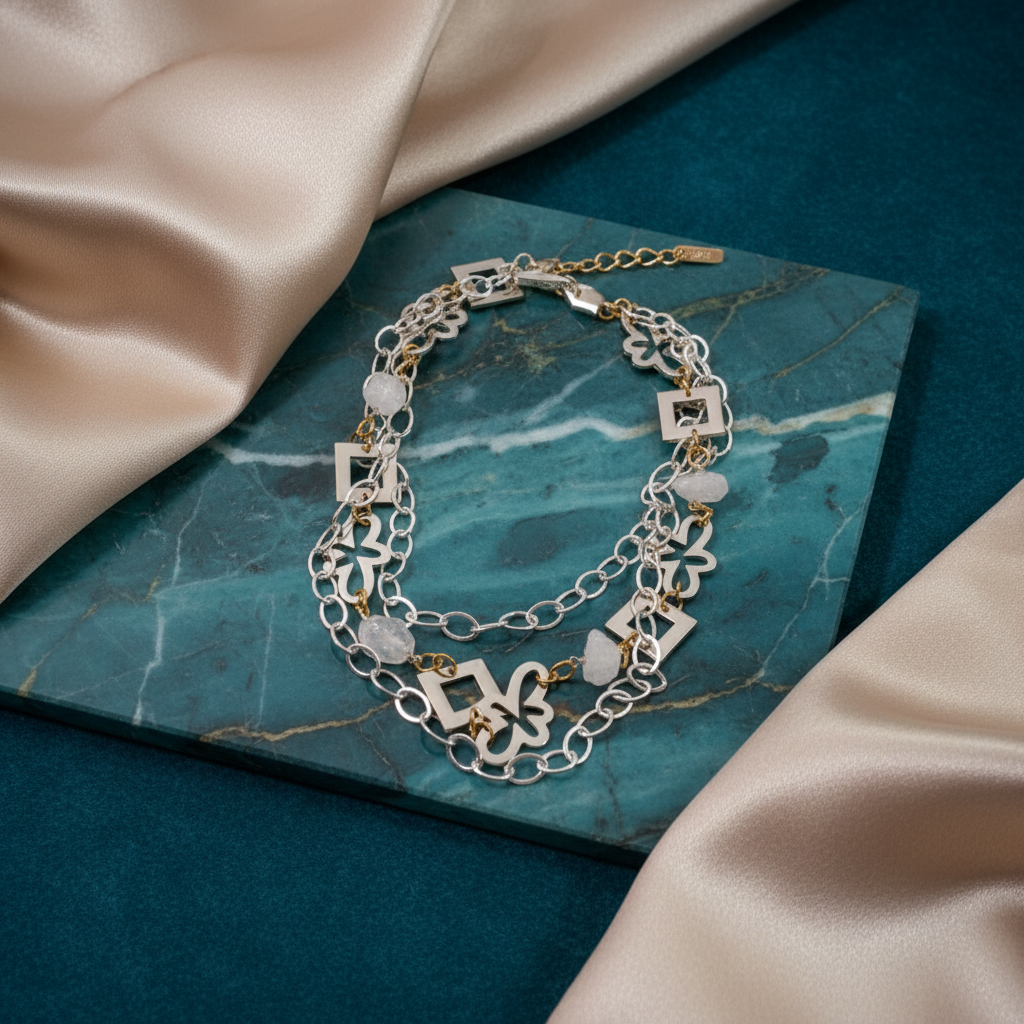 Halsband som kan bäras på många olika sätt, flexibla smycken med halvädelstenar och unik design.