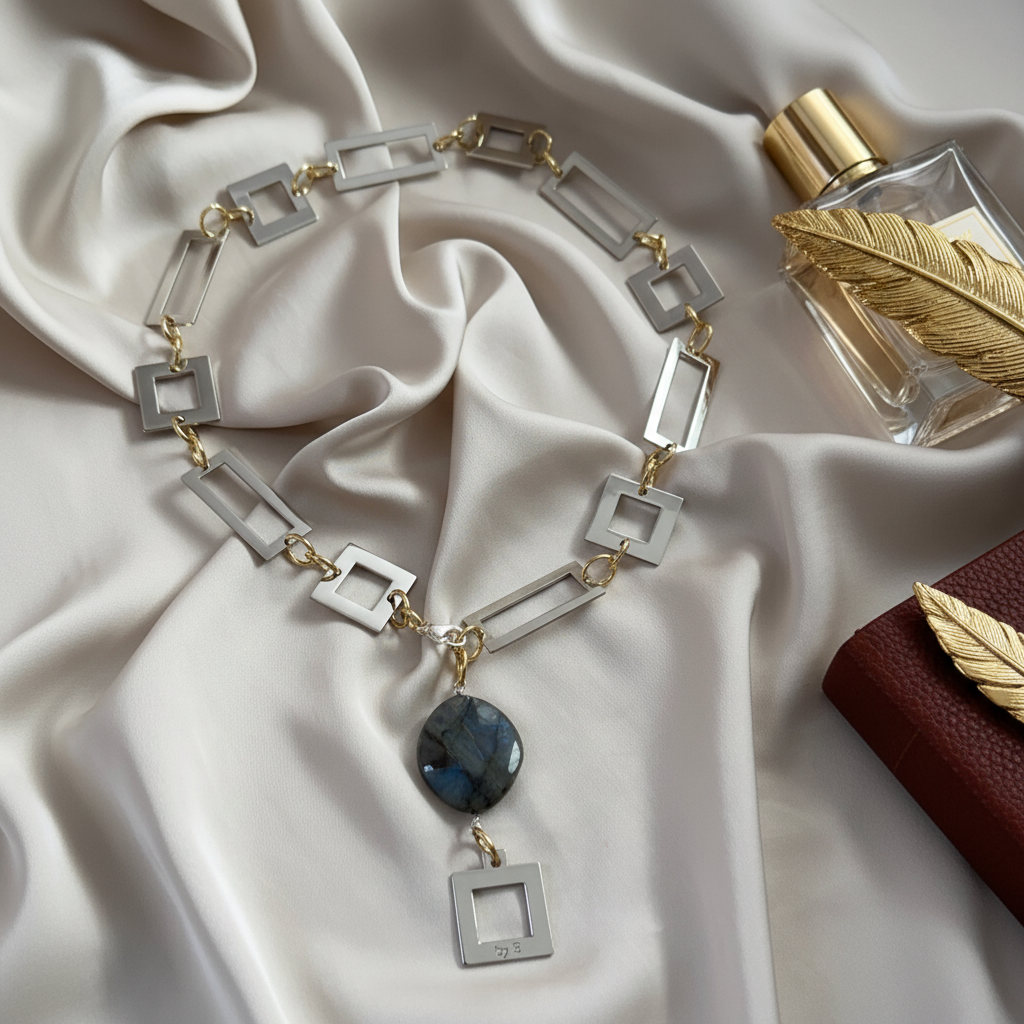 kort halsband med fyrkanter och blommor i en elegant modell