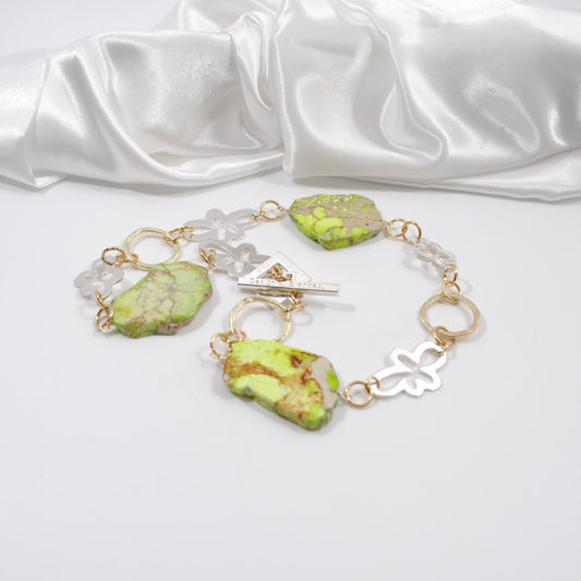 äkta ädelsten imperial jasper halsband kort modell med guld och silver blommor design by brandeby
