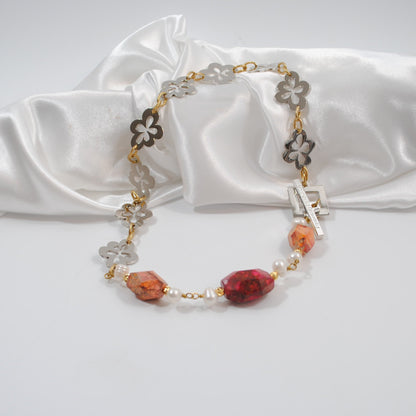 imperial jasper i orange och rött blom halsband design by brandeby