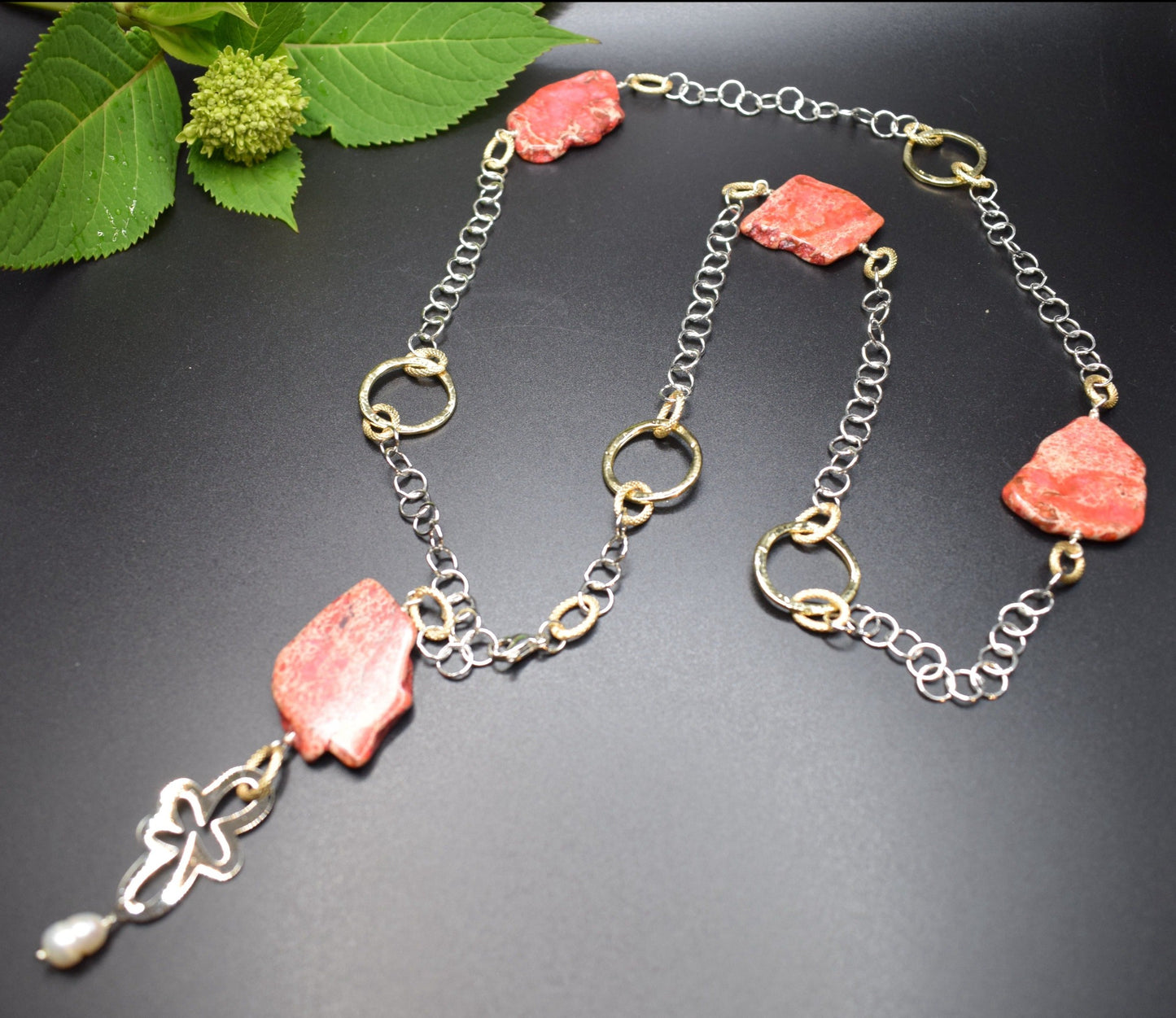 Necklace Happy red with imperial jasper stone handmade chain and gold details with flower