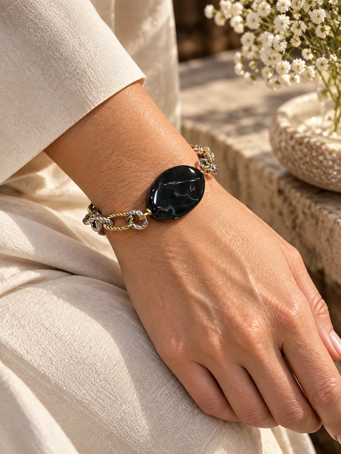 Svart Agate Armband - Guld Silver
