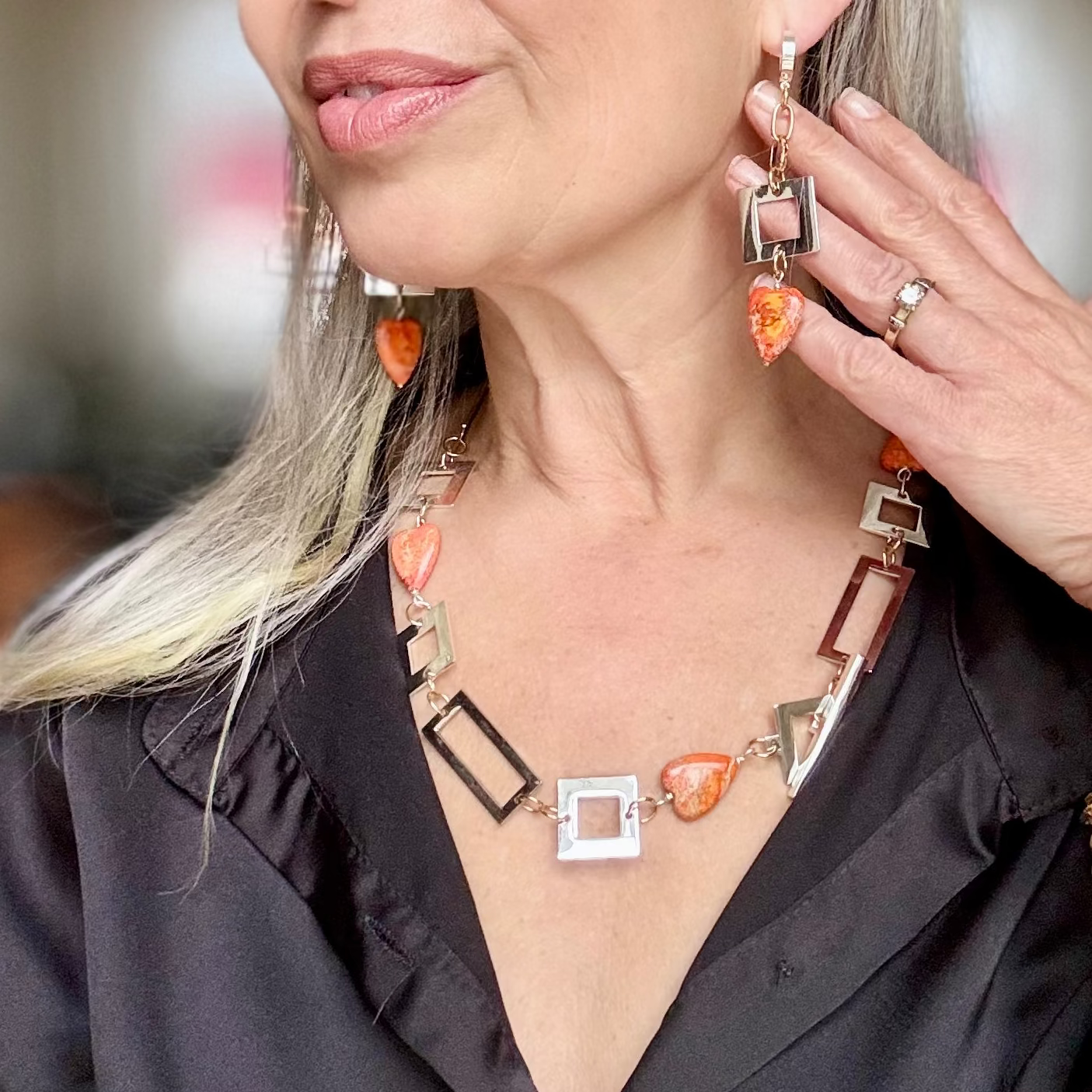 Heart of Orange Halsband - Imperial Jasper Hjärtan Sterling Silver - Design by Brandeby