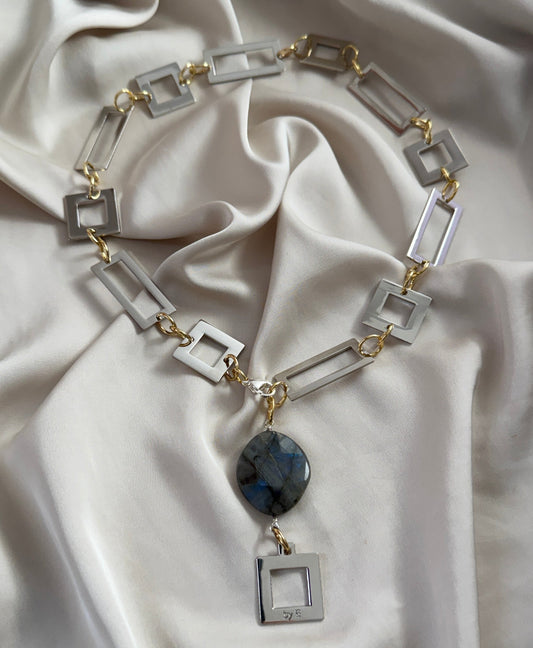 Halsband Sterling Silver 18K Guldpläterat - Labradorit - 80cm - Blå Grå Guld - design by brandeby