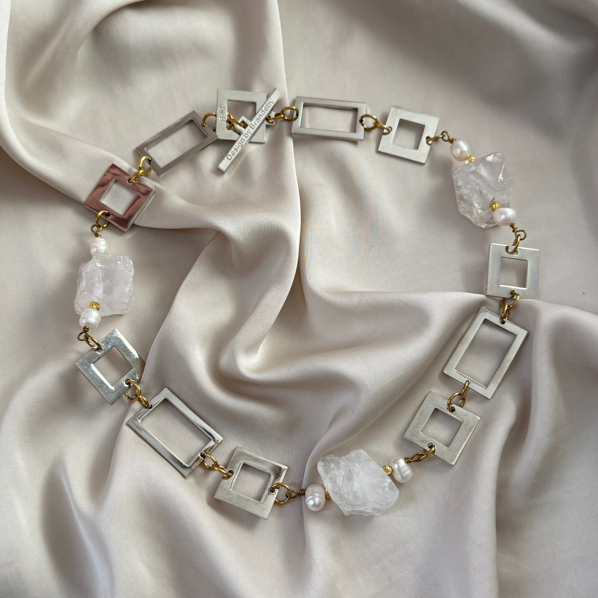 Halsband Bergkristall Pärlor Silver 18K Guld - 56cm - Transparent Vit - design by brandeby