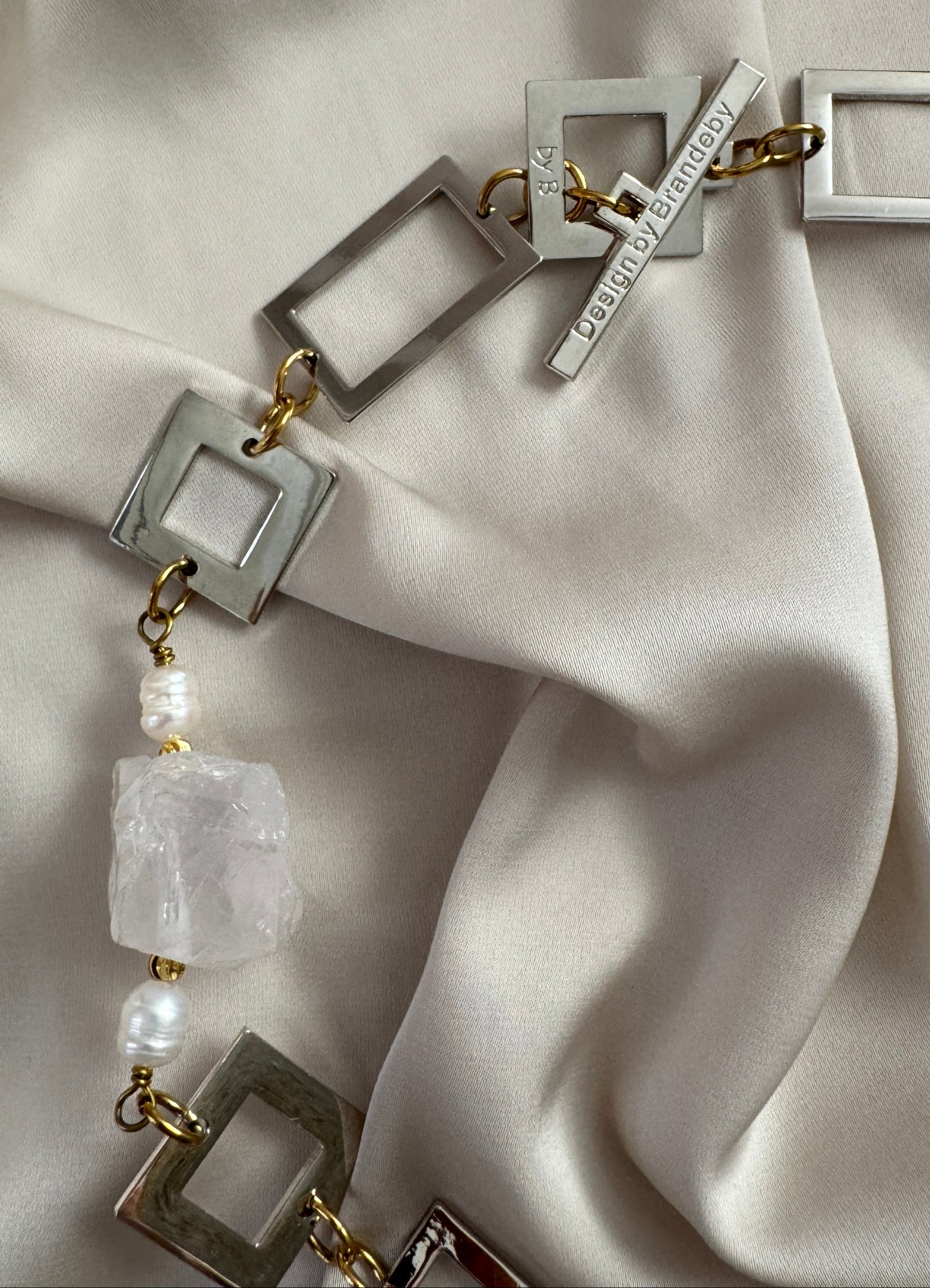 Halsband Bergkristall Pärlor Silver 18K Guld - 56cm - Transparent Vit - design by brandeby