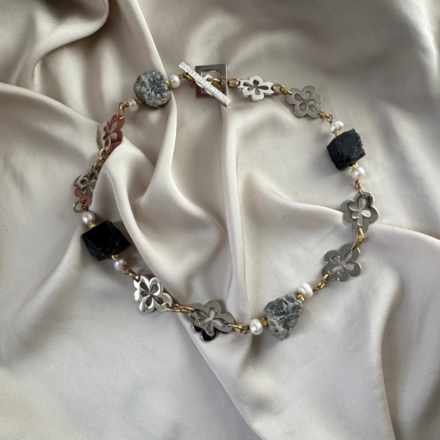 Halsband Labradorit Obsidian Sterling Silver 18K Guld - 50cm - Grå Flerfärgad - design by brandeby