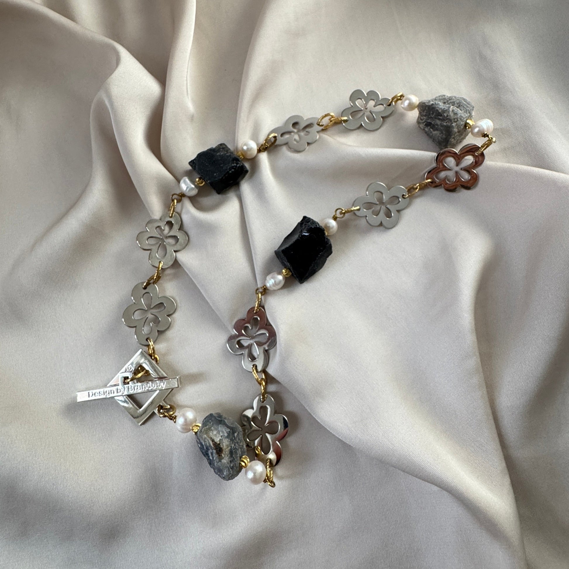 Halsband Labradorit Obsidian Sterling Silver 18K Guld - 50cm - Grå Flerfärgad - design by brandeby