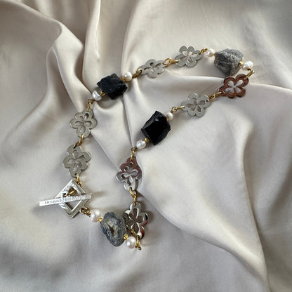 Halsband Labradorit Obsidian Sterling Silver 18K Guld - 50cm - Grå Flerfärgad - design by brandeby