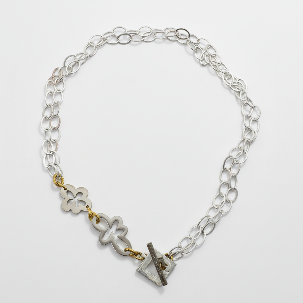 Halsband Sterling Silver 18K Guldpläterat - Flexibel Blomkedja - 57-84cm - Silver Guld