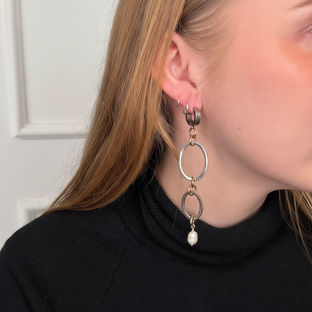 Love Circle Örhängen – Dubbla Ringar & Sötvattenpärla i 18k Guld | Design by Brandeby