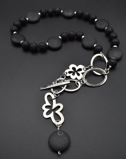 Necklace lava stone black stone circles flowers